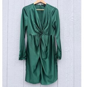 BOSTON PROPER emerald green lightweight satin twist front holiday short dress